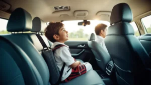 a boy is sitting on the back seat of a car